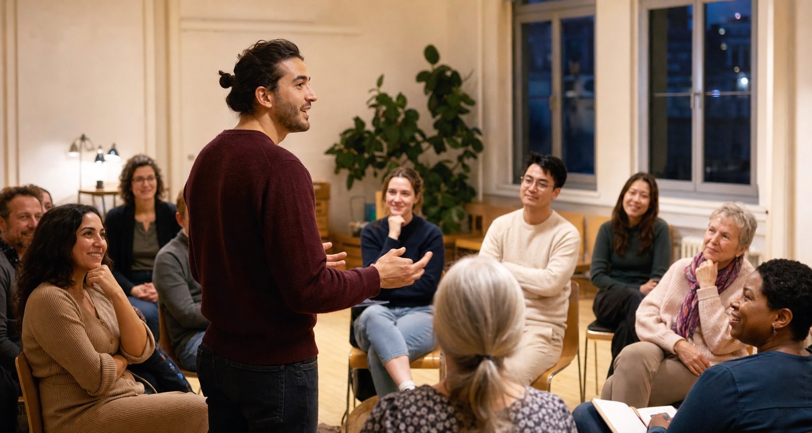 A speaker sharing an idea with a relaxed, diverse group seated in a circle
